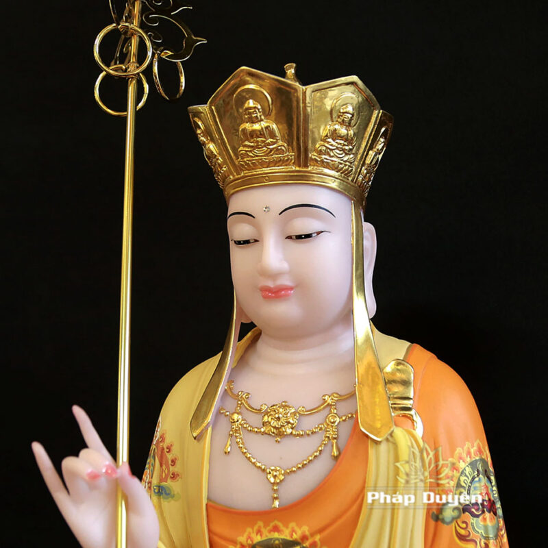 Tượng Địa Tạng Vương Ngồi Đài Sen, Bằng Bột Đá Vẽ Gấm Viền Vàng, Cao 48cm - Ảnh 3