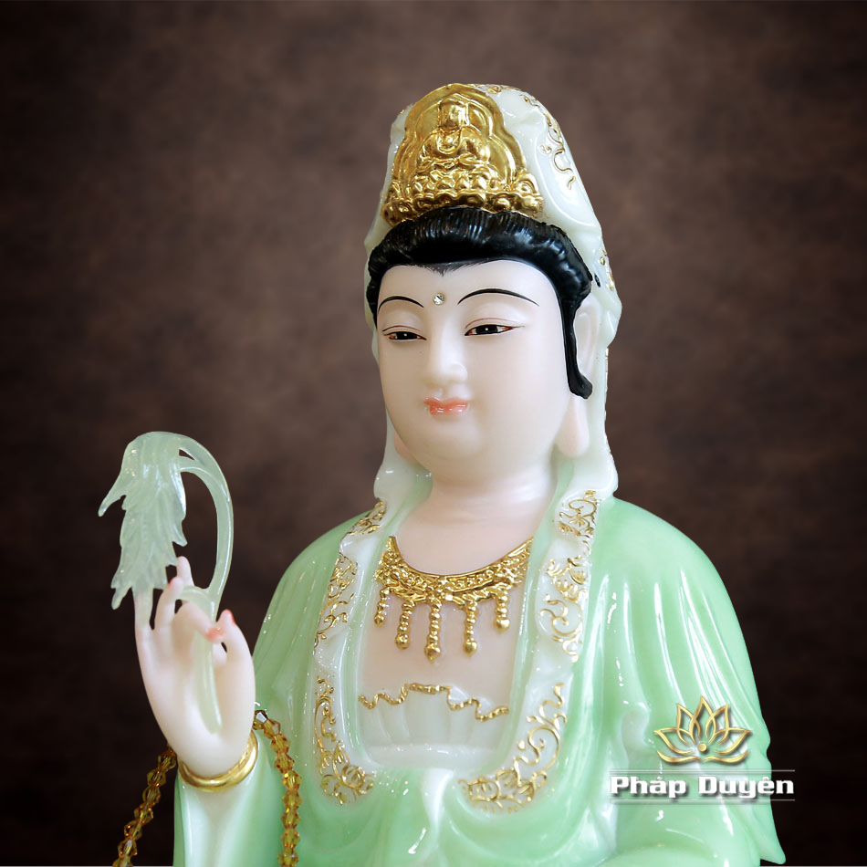 Tượng Quan Âm Bồ Tát Ngồi Đài Sen, Bằng Bột Đá Xanh Trắng Viền Vàng, Cao 30cm (Không Đế) - ảnh 12