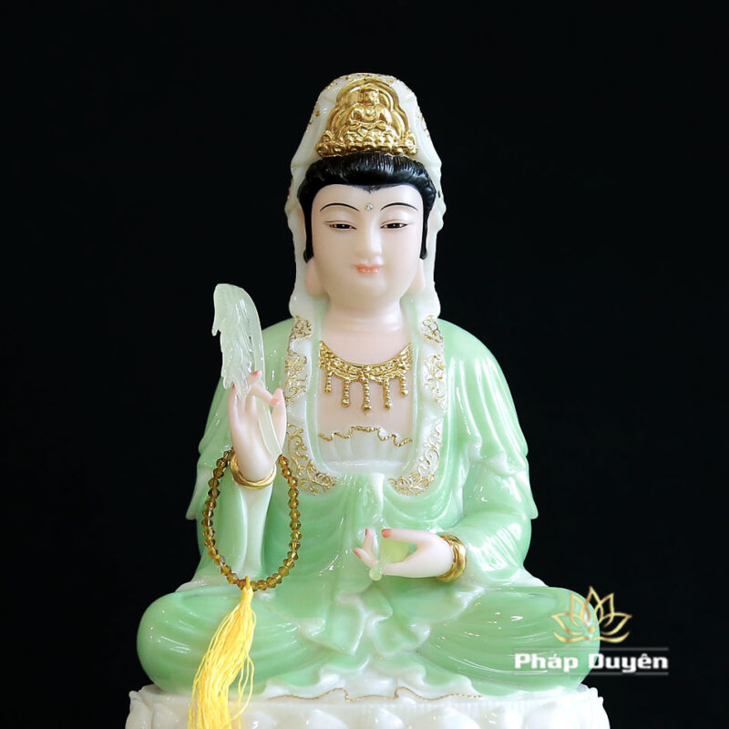 Tượng Quan Âm Bồ Tát Ngồi Đài Sen, Bằng Bột Đá Xanh Trắng Viền Vàng, Cao 30cm (Không Đế) - Ảnh 4