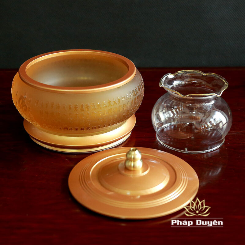 Đèn Dầu Lưu Ly Tâm Kinh Nổi Đế Đồng Vàng - Ảnh 5