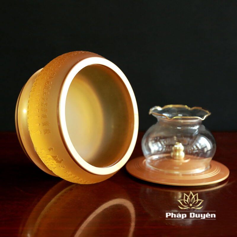 Đèn Dầu Lưu Ly Tâm Kinh Nổi Đế Đồng Vàng - Ảnh 6