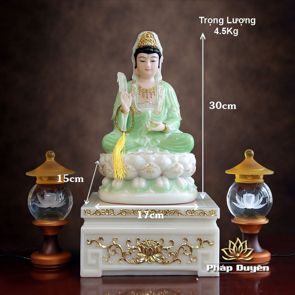Tượng Quan Âm Bồ Tát Ngồi Đài Sen, Bằng Bột Đá Xanh Trắng Viền Vàng, Cao 30cm (Không Đế) - ảnh 15