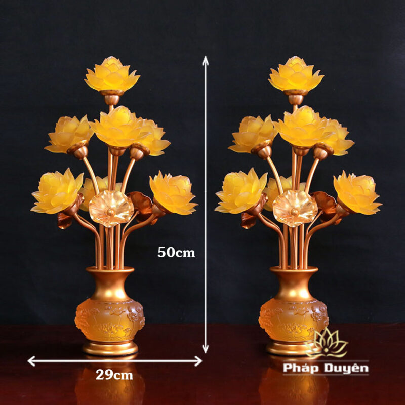 Đôi Đèn Bình Hoa Thịnh Thế Hoa Khai 7 Bông Có Lá Sen, Cao 50cm - Ảnh 8