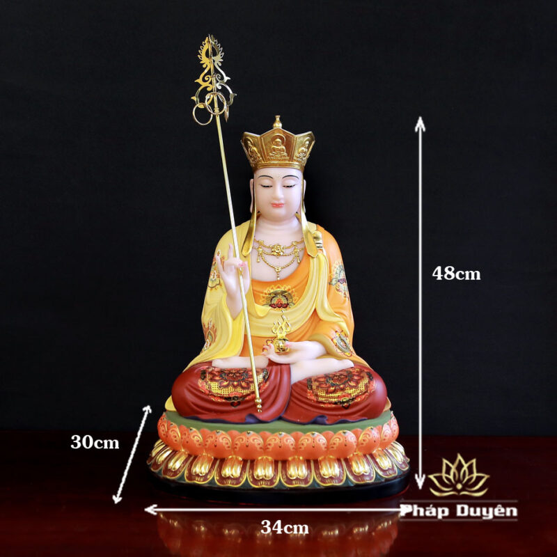Tượng Địa Tạng Vương Ngồi Đài Sen, Bằng Bột Đá Vẽ Gấm Viền Vàng, Cao 48cm - Ảnh 6