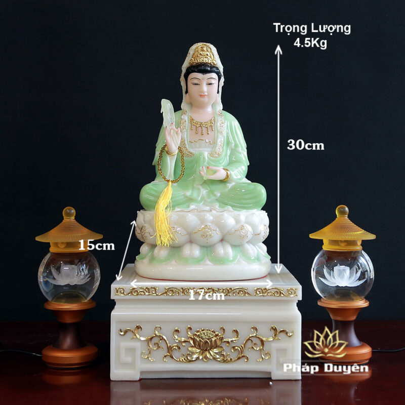 Tượng Quan Âm Bồ Tát Ngồi Đài Sen, Bằng Bột Đá Xanh Trắng Viền Vàng, Cao 30cm (Không Đế) - Ảnh 6
