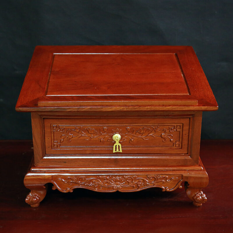 Bàn Đọc Kinh Bằng Gỗ Hương Màu Vàng Trạm Khắc Hoa Sen, Kích Thước 47x37x35cm