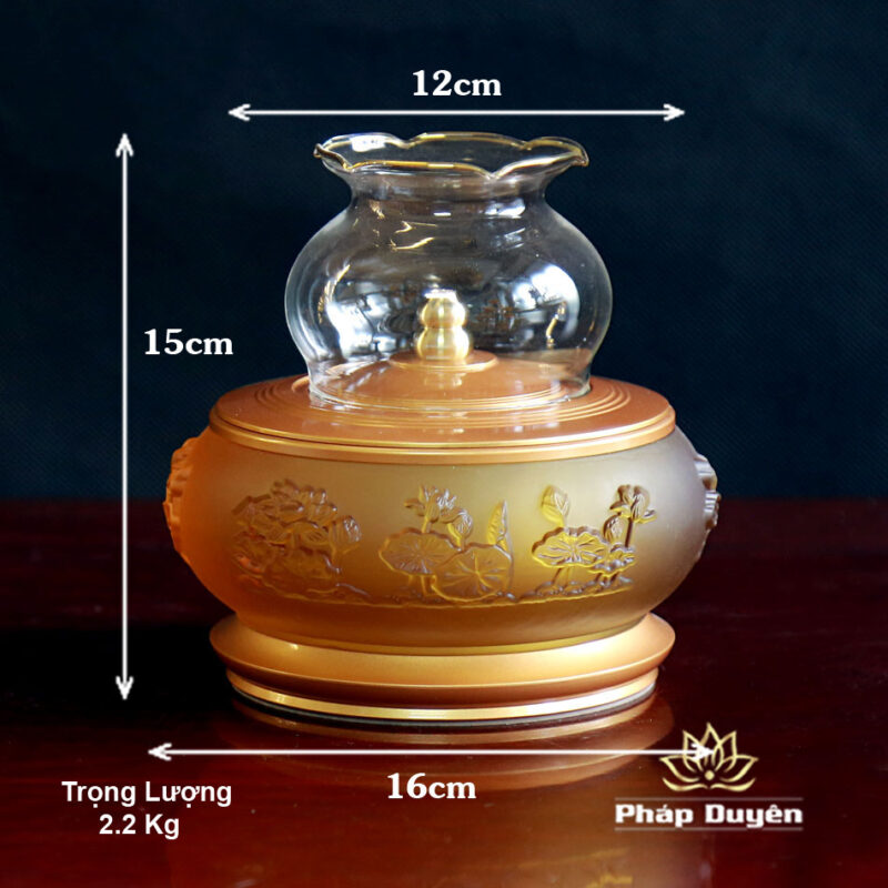 Đèn Dầu Lưu Ly Hoa Sen Nổi, Đế Đồng Vàng - Ảnh 6