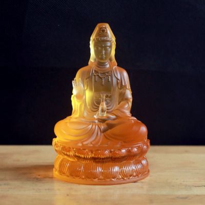 Tượng Quan Âm Bằng Lưu Ly, Mầu Vàng, Để Xe Hơi, Để Bàn Làm Việc, Cao 13cm