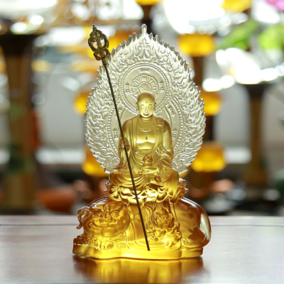 Tượng Địa Tạng Bằng Lưu Ly Màu Vàng, Có Lá Đề, Cao 21cm