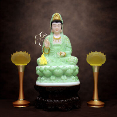 Tượng Ngài Quan Âm Ngồi, Bột Đá Xanh Ngọc Hoa 3D, Cao 30cm, 40cm