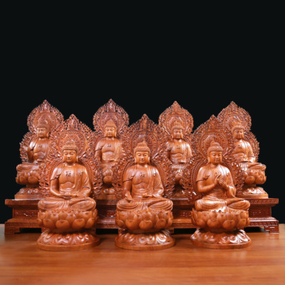 Bộ Tượng Thất Phật Dược Sư Bằng Gỗ Hương Nguyên Khối Cao 50cm (Tổng Lá Đề 62cm)