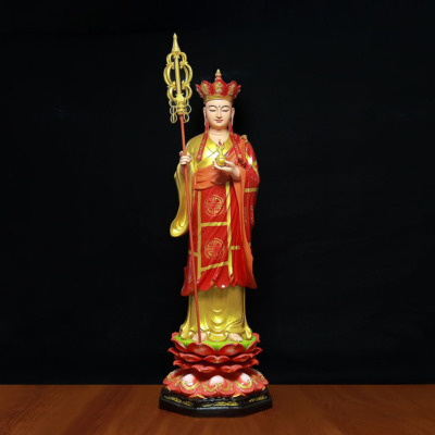 Tượng Địa Tạng Vương Áo Đỏ Đứng Đài Sen, Bằng Composit, Cao 1.1m