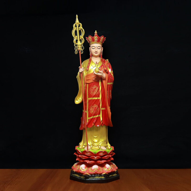 Tượng Địa Tạng Vương Áo Đỏ Đứng Đài Sen, Bằng Composit, Cao 1.1m