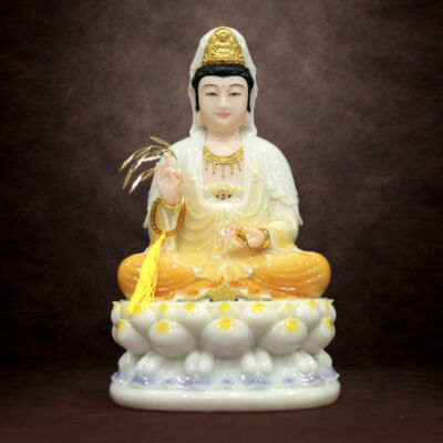 Tượng Quan Âm Ngồi Đài Sen Đế Ghi, Bằng Bột Đá, Cao 40cm
