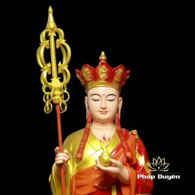 Alternative view of Tượng Địa Tạng Vương Áo Đỏ Đứng Đài Sen, Bằng Composit, Cao 1.1m