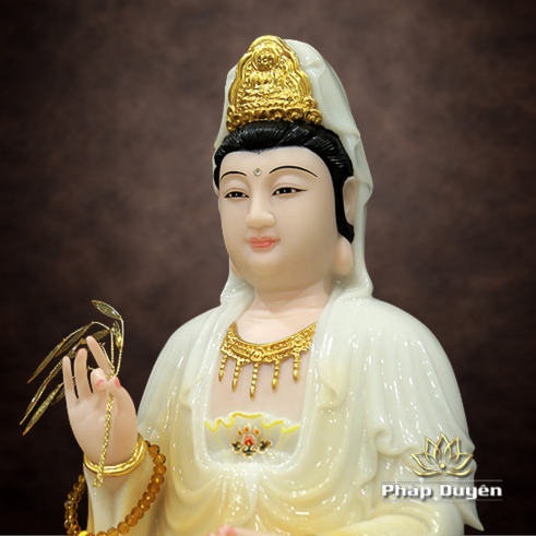 Tượng Quan Âm Ngồi Đài Sen Đế Ghi, Bằng Bột Đá, Cao 40cm - ảnh 12