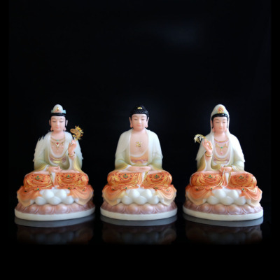 Bộ Tượng Tây Phương Tam Thánh Sơn, Bằng Bột Đá Vẽ Hoa Văn, Cao 40cm