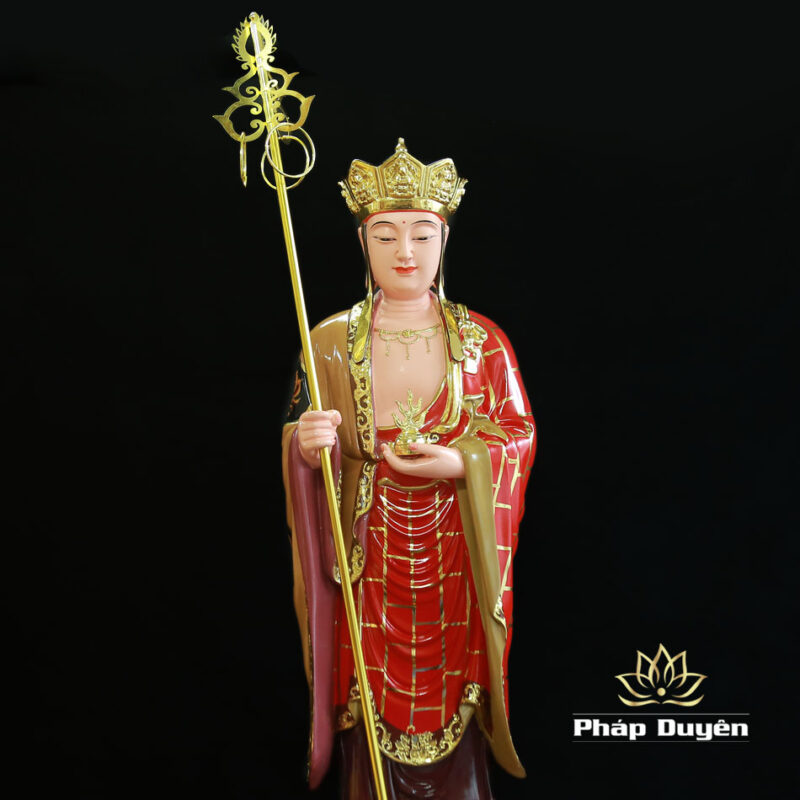 Tượng Đức Địa Tạng Đứng Đài Sen Bằng Composit Sơn Đỏ, Cao 90cm - Ảnh 4