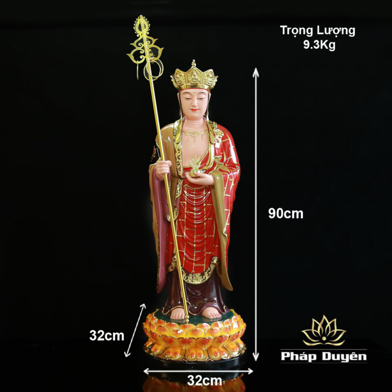 Tượng Đức Địa Tạng Đứng Đài Sen Bằng Composit Sơn Đỏ, Cao 90cm - Ảnh 6