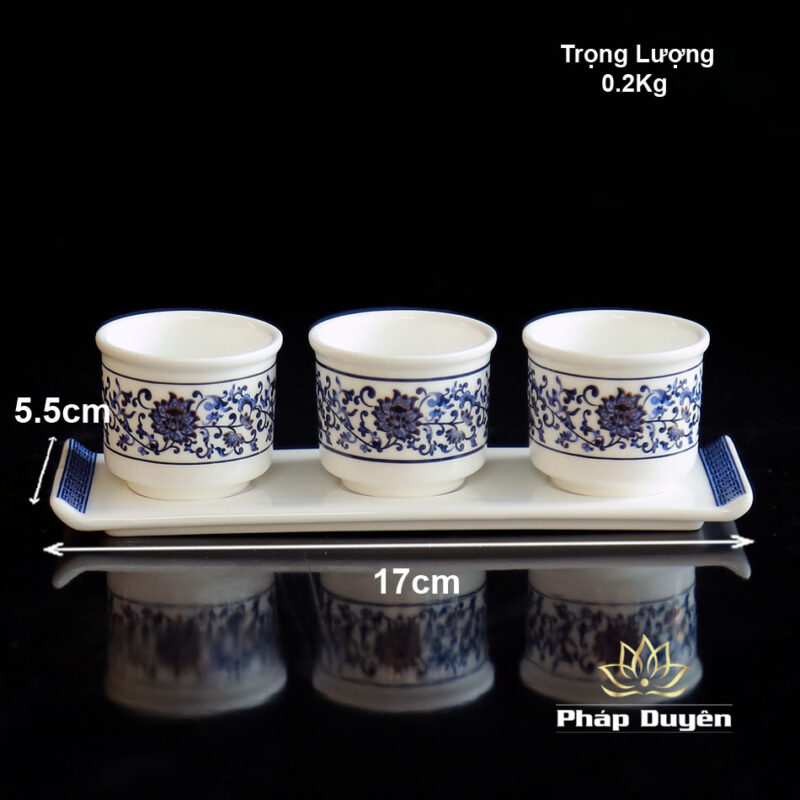 Bộ 3 Chén Nước Bằng Sứ Trắng Hoa Sen Xanh - Ảnh 6