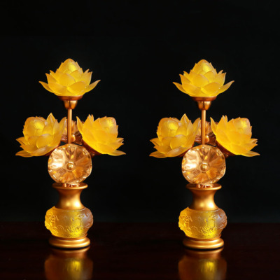 Đôi Đèn Thờ Bình Hoa Thịnh Thế Hoa Khai 3 Bông, Cao 33cm