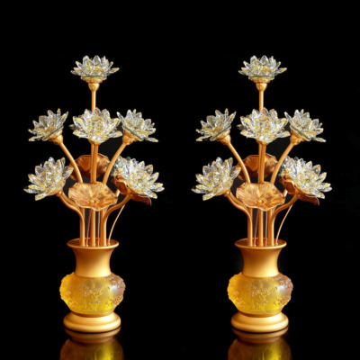 Đôi Đèn Hoa Sen Pha Lê, 9 Bông, Cao 63cm