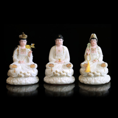 Bộ Tây Phương Tam Thánh Ngồi Đế Mây Bằng Bột Đá Sơn Trắng Viền Hoa, Cao 30cm