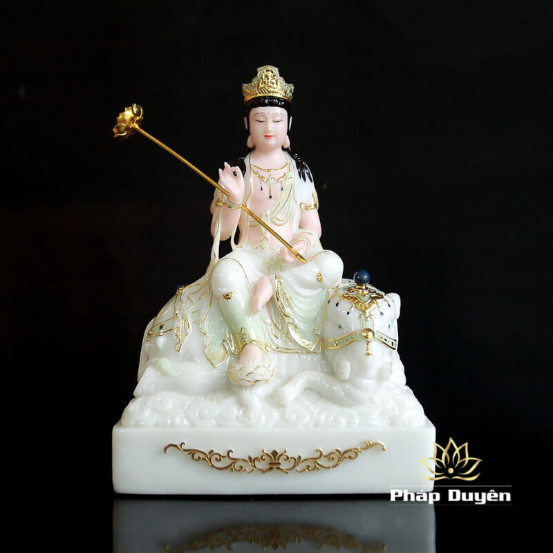 Bộ Tượng Văn Thù Phổ Hiền Bột Đá Cẩm Thạch Màu Thiên Thanh, Cao 30cm - Ảnh 2