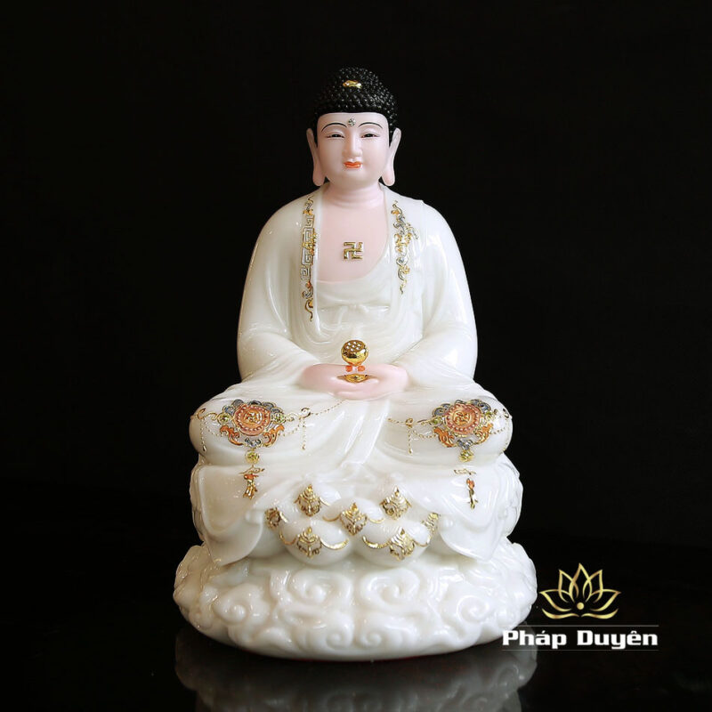 Bộ Tây Phương Tam Thánh Ngồi Đế Mây Bằng Bột Đá Sơn Trắng Viền Hoa, Cao 30cm - Ảnh 2