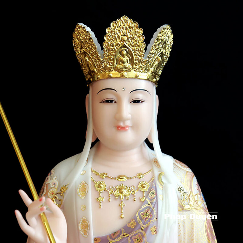 Tượng Bồ Tát Địa Tạng Ngồi Đế Sen To Bột Đá Vẽ Gấm, Cao 48cm - Ảnh 2