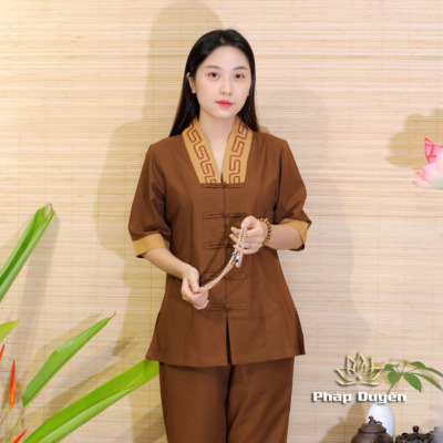 Alternative view of Bộ Quần Áo Phật Tử Nữ Cổ Chữ Y Thêu Như Ý Màu Nâu, Size: XS, S, M, L