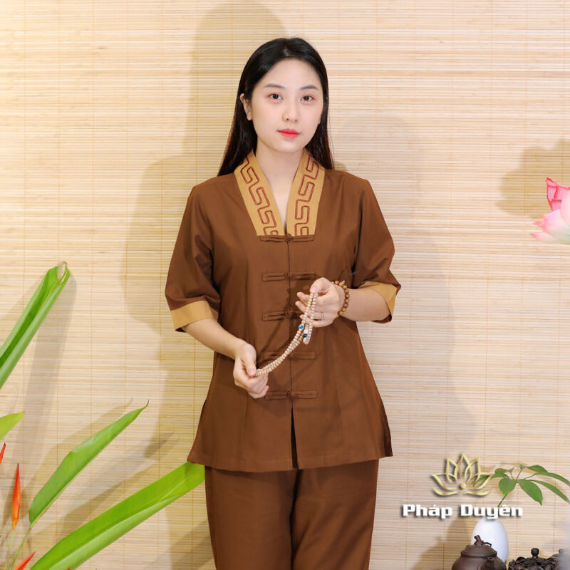 Bộ Quần Áo Phật Tử Nữ Cổ Chữ Y Thêu Như Ý Màu Nâu, Size: XS, S, M, L - Ảnh 2