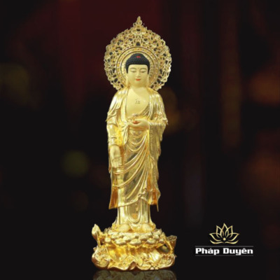 Tượng Phật A Di Đà Đứng Có Lá Đề, Chất Liệu Đồng Đài Loan Dát Vàng, Cao 66cm ( Tổng Lá Đề 80cm )