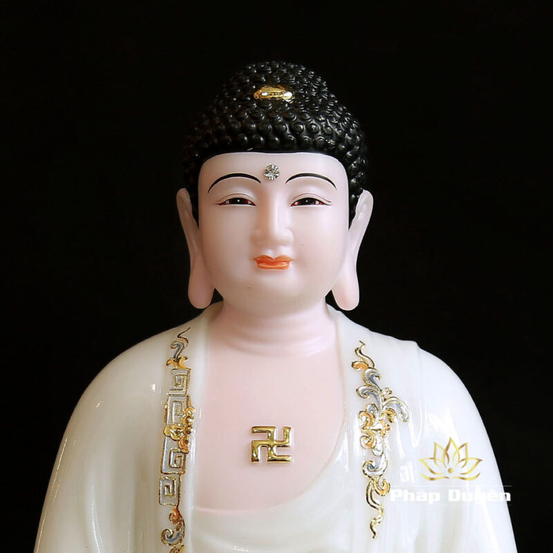 Bộ Tây Phương Tam Thánh Ngồi Đế Mây Bằng Bột Đá Sơn Trắng Viền Hoa, Cao 30cm - Ảnh 3