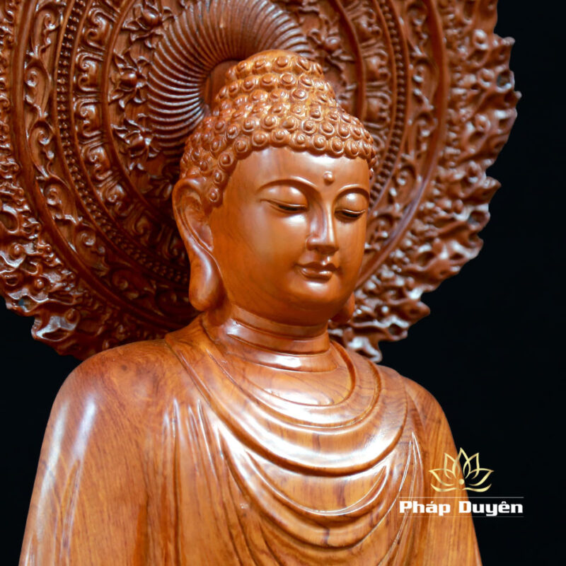 Tượng Phật Thích Ca Gỗ Bằng Gỗ Hương Nguyên Khối Có Lá Đề, Cao 50cm (Tổng Lá Đề 68cm) - Ảnh 3