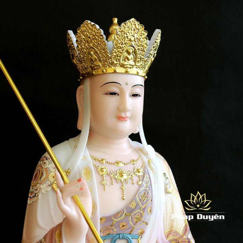 Tượng Bồ Tát Địa Tạng Ngồi Đế Sen To Bột Đá Vẽ Gấm, Cao 48cm - Ảnh 3