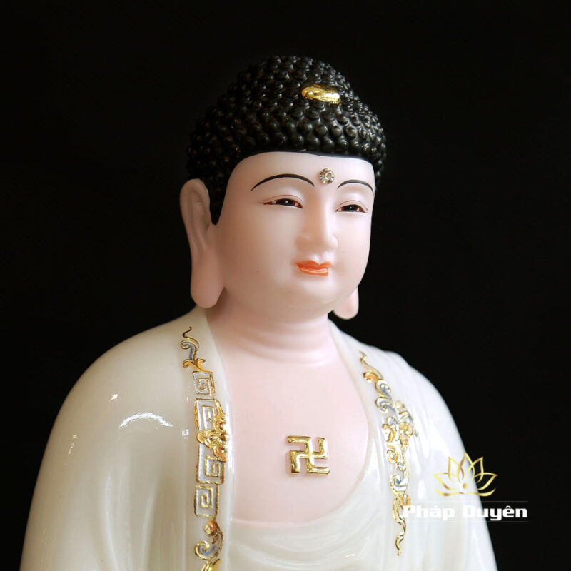 Bộ Tây Phương Tam Thánh Ngồi Đế Mây Bằng Bột Đá Sơn Trắng Viền Hoa, Cao 30cm - Ảnh 4