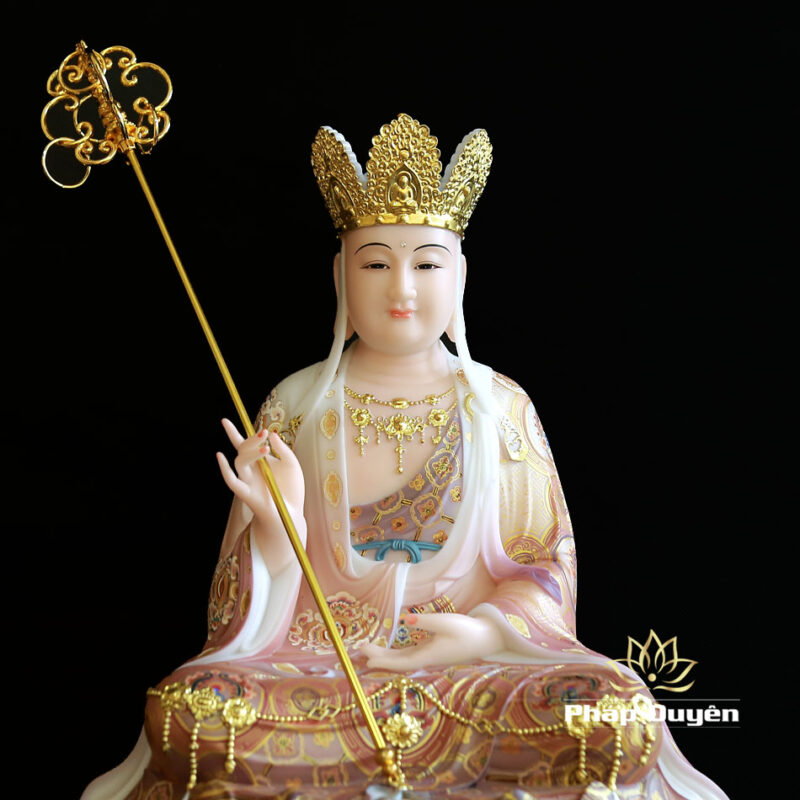 Tượng Bồ Tát Địa Tạng Ngồi Đế Sen To Bột Đá Vẽ Gấm, Cao 48cm - Ảnh 4