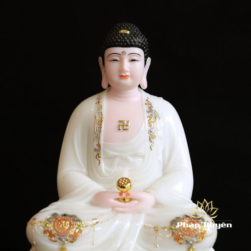 Bộ Tây Phương Tam Thánh Ngồi Đế Mây Bằng Bột Đá Sơn Trắng Viền Hoa, Cao 30cm - Ảnh 5