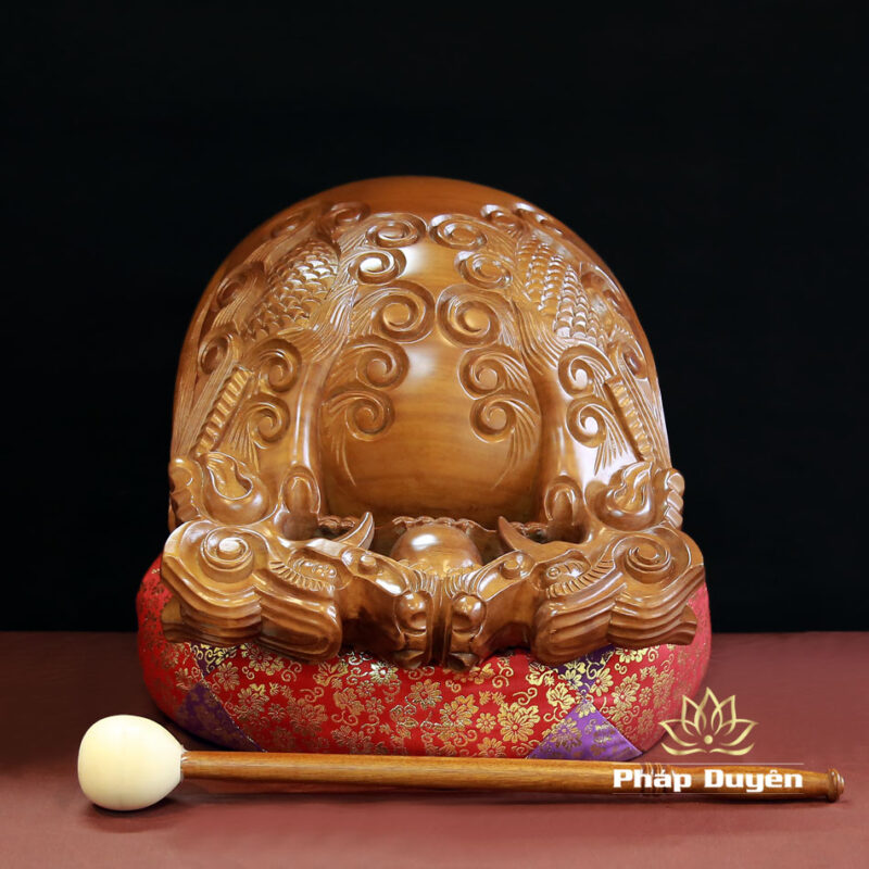 Bộ Chuông Chữ Phật Khắc Tâm Kinh, Mõ Rồng Gỗ Bưởi Vàng, Kích Thước 16inch (40cm) - Ảnh 4