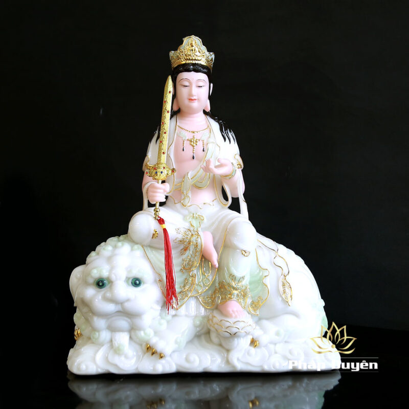 Bộ Tượng Văn Thù Phổ Hiền Bột Đá Cẩm Thạch Màu Thiên Thanh, Nhiều Kích Thước - Ảnh 7