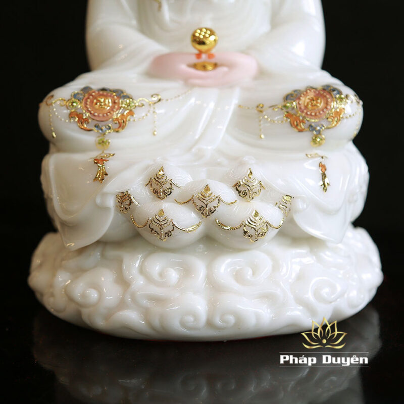 Bộ Tây Phương Tam Thánh Ngồi Đế Mây Bằng Bột Đá Sơn Trắng Viền Hoa, Cao 30cm - Ảnh 6