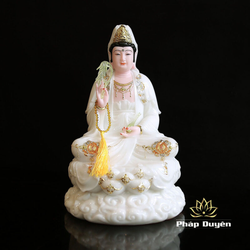 Bộ Tây Phương Tam Thánh Ngồi Đế Mây Bằng Bột Đá Sơn Trắng Viền Hoa, Cao 30cm - Ảnh 7
