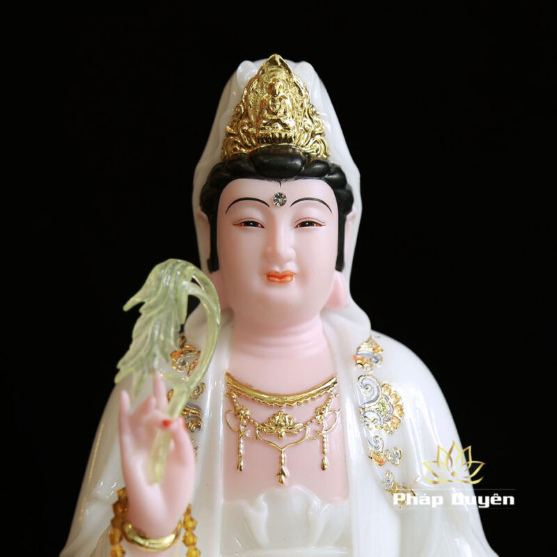 Bộ Tây Phương Tam Thánh Ngồi Đế Mây Bằng Bột Đá Sơn Trắng Viền Hoa, Cao 30cm - Ảnh 8