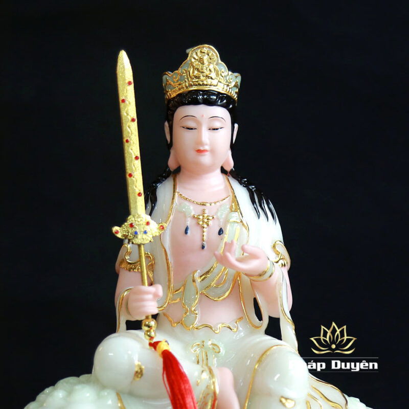 Bộ Tượng Văn Thù Phổ Hiền Bột Đá Cẩm Thạch Màu Thiên Thanh, Cao 30cm - Ảnh 11