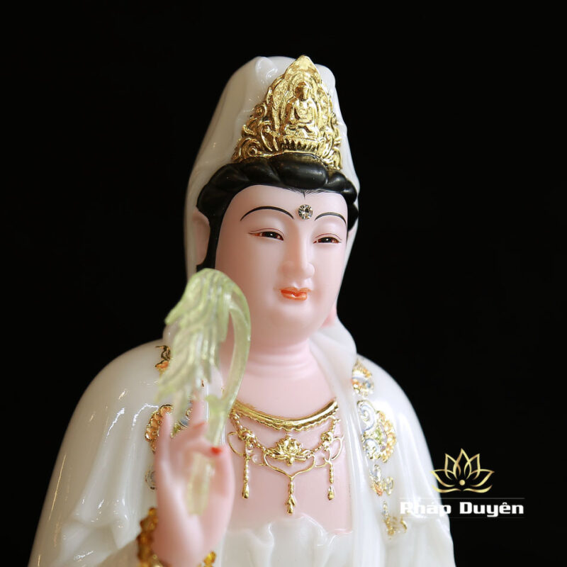 Bộ Tây Phương Tam Thánh Ngồi Đế Mây Bằng Bột Đá Sơn Trắng Viền Hoa, Cao 30cm - Ảnh 9