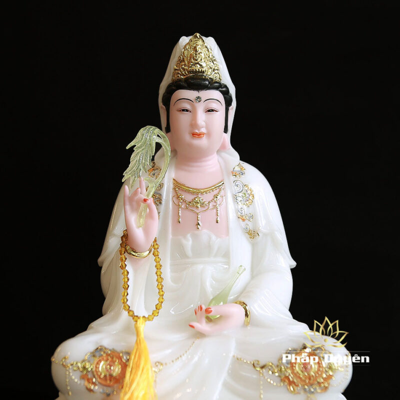 Bộ Tây Phương Tam Thánh Ngồi Đế Mây Bằng Bột Đá Sơn Trắng Viền Hoa, Cao 30cm - Ảnh 10
