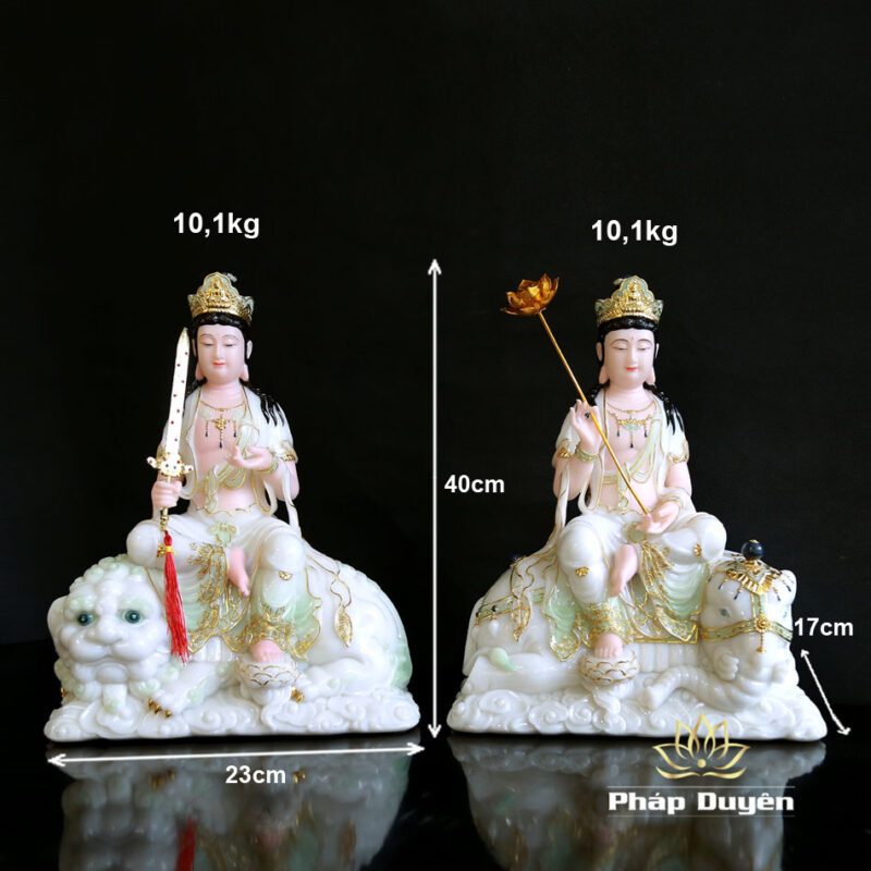 Bộ Tượng Văn Thù Phổ Hiền Bột Đá Cẩm Thạch Màu Thiên Thanh, Nhiều Kích Thước - Ảnh 12