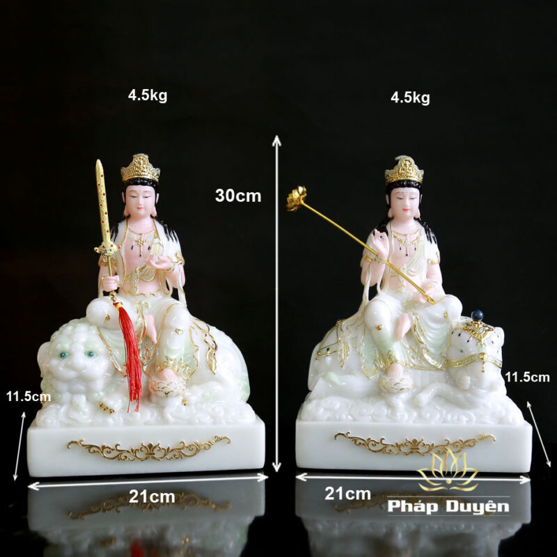 Bộ Tượng Văn Thù Phổ Hiền Bột Đá Cẩm Thạch Màu Thiên Thanh, Cao 30cm - Ảnh 14