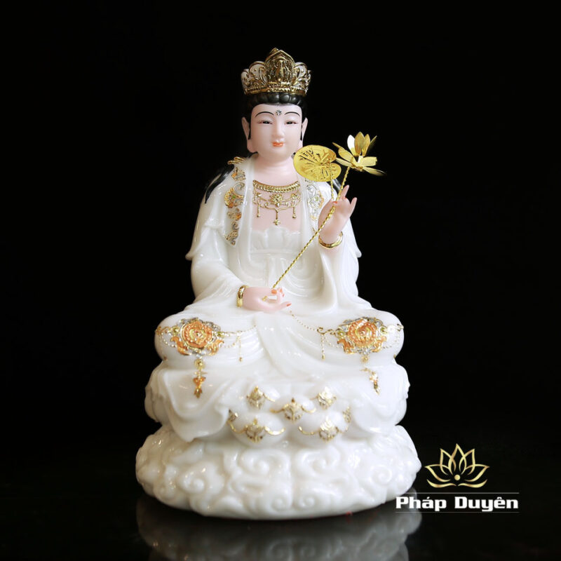 Bộ Tây Phương Tam Thánh Ngồi Đế Mây Bằng Bột Đá Sơn Trắng Viền Hoa, Cao 30cm - Ảnh 12